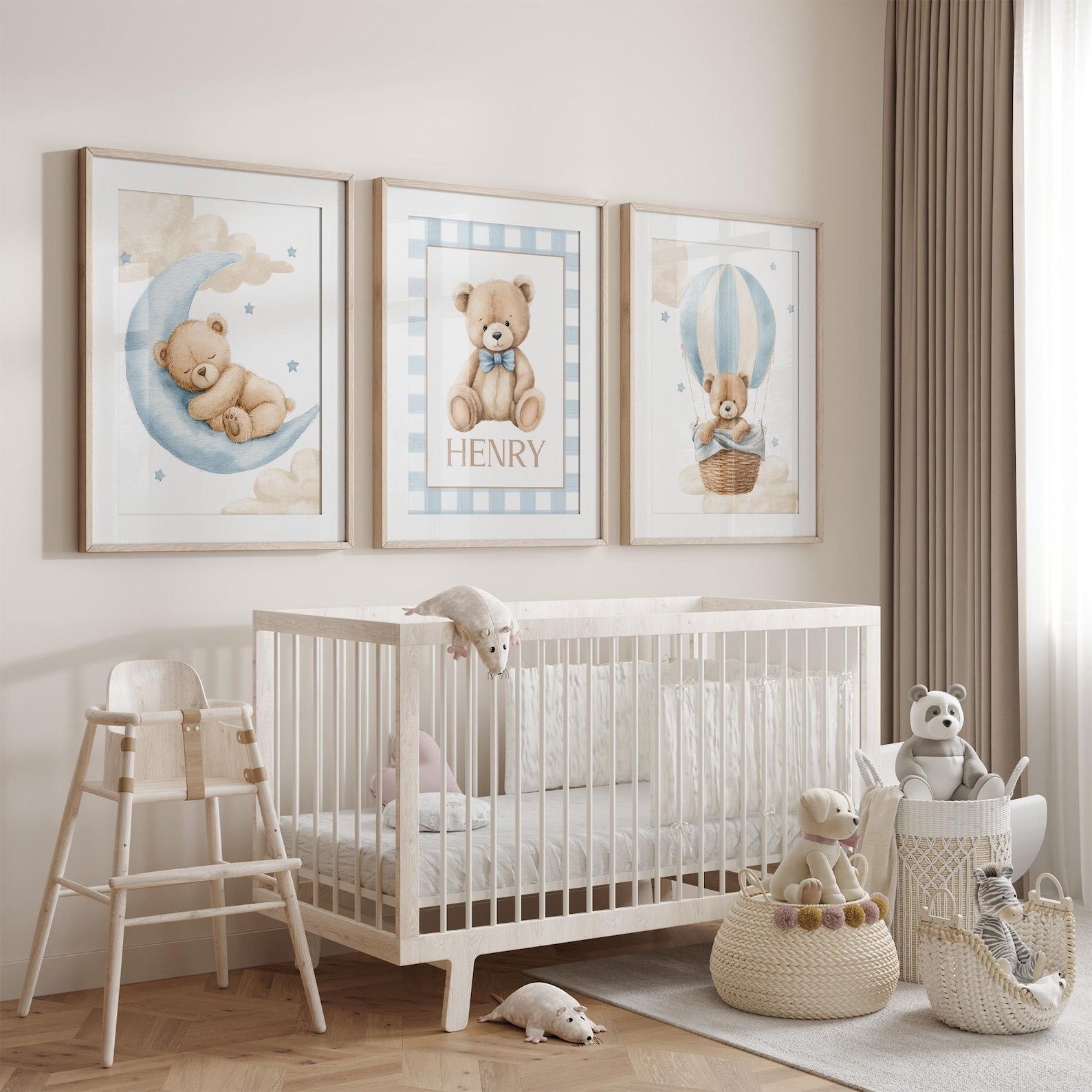 Cuadros Decorativos infantiles Modernos osos teddy Globo aerostatico, luna y nombre