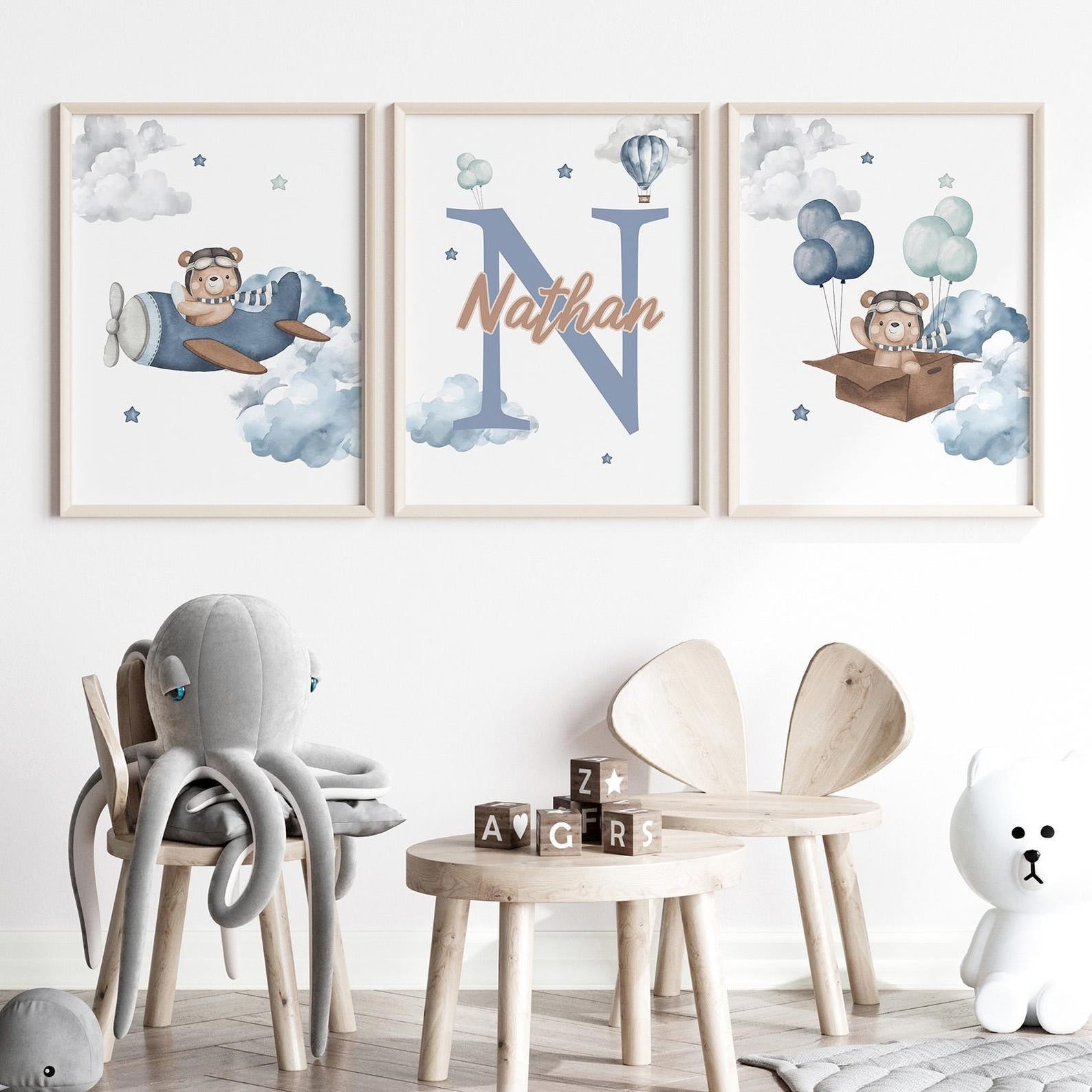 Cuadros Decorativos infantiles Modernos osos teddy azul arte personalizado