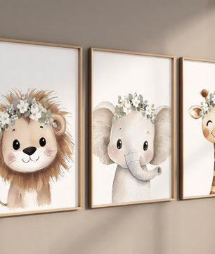 Cuadros Decorativos infantiles Modernos animales ilustracion niña flores blancas