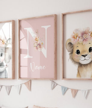 Cuadros Decorativos infantiles Modernos animales ilustracion niña flores con nombre