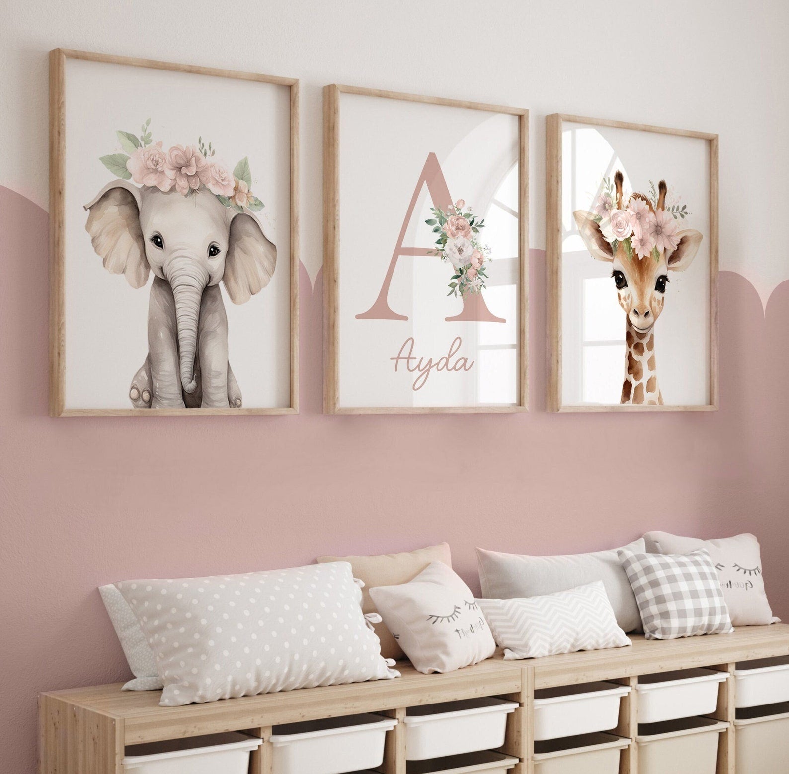 Cuadros Decorativos infantiles Modernos animales personalizados con flores niña con nombre