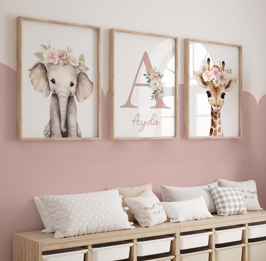 Cuadros Decorativos infantiles Modernos animales personalizados con flores niña con nombre