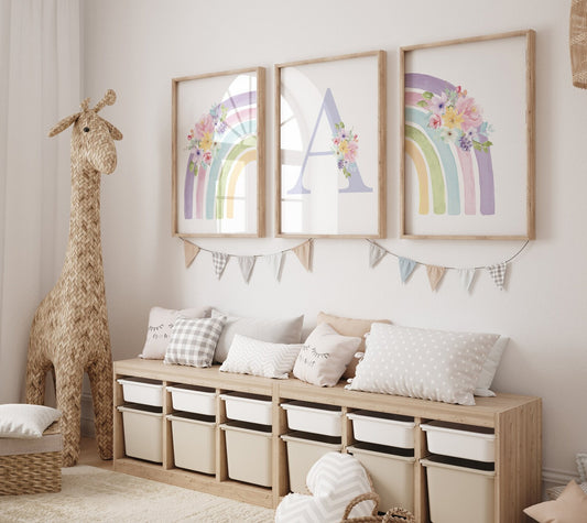 Cuadros Decorativos infantiles Modernos Arcoiris con flores y nombre