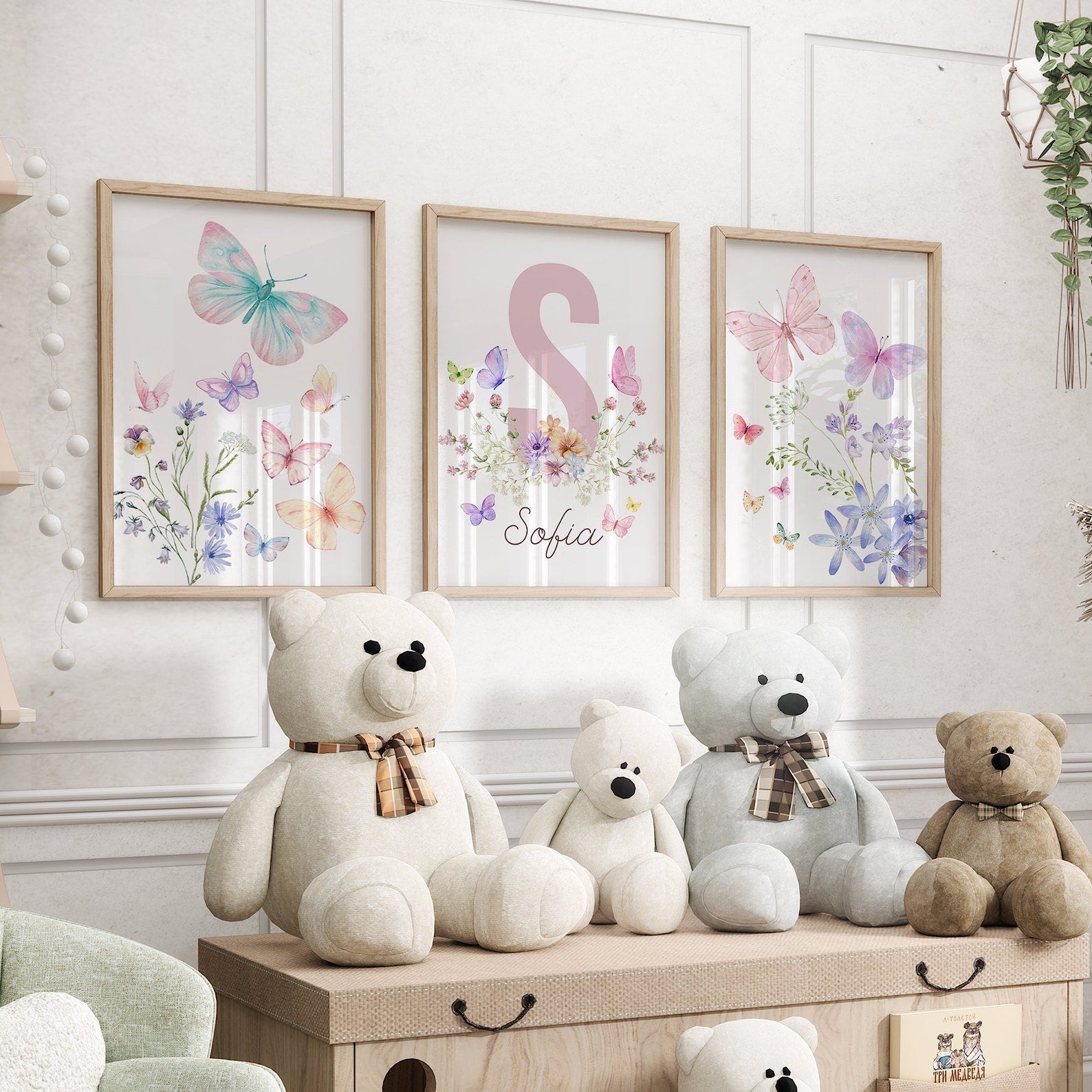 Cuadros Decorativos infantiles Modernos Flores de mariposas con nombre