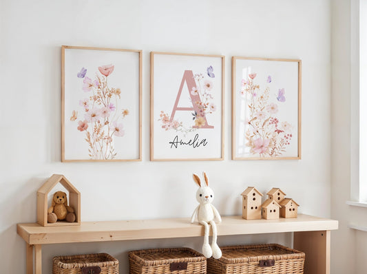 Cuadros Decorativos infantiles Modernos Flores acuarela con nombre