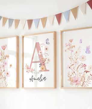 Cuadros Decorativos infantiles Modernos Flores acuarela con nombre