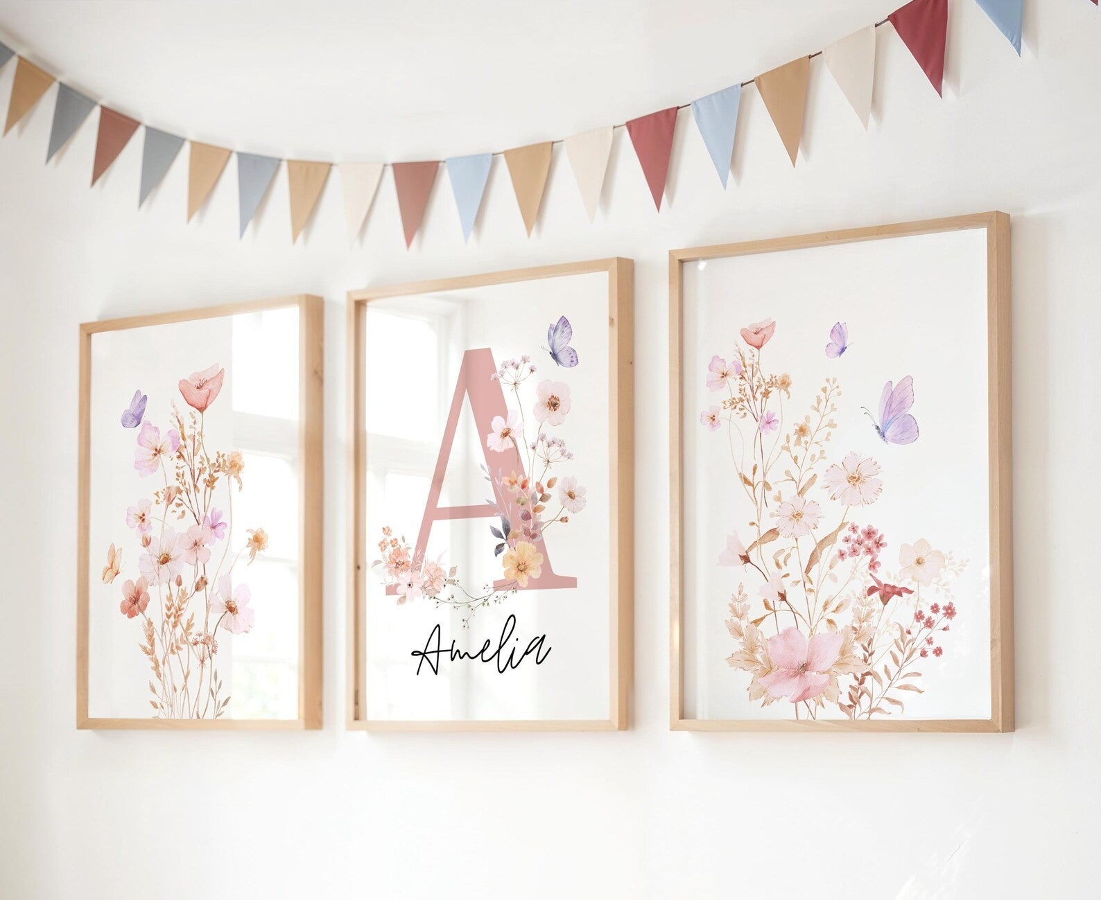 Cuadros Decorativos infantiles Modernos Flores acuarela con nombre