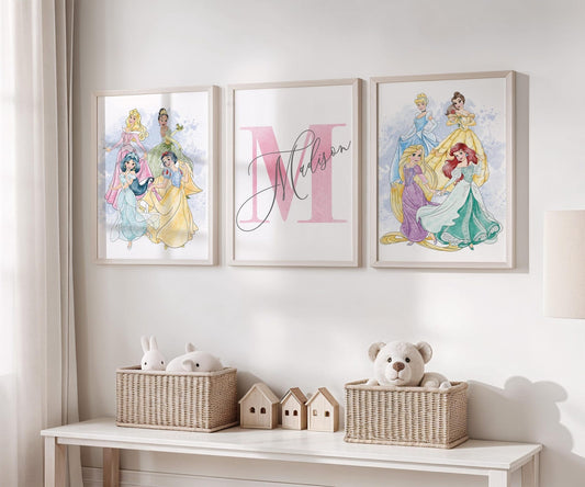 Cuadros Decorativos infantiles Modernos de princesas en acuarela con nombre