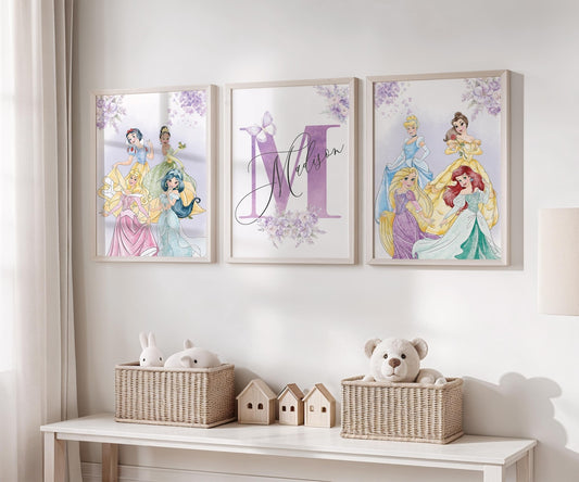 Cuadros Decorativos infantiles Modernos de princesas  con nombre moradas