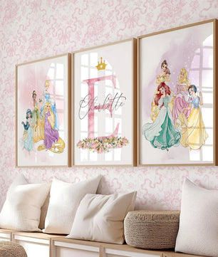 Cuadros Decorativos infantiles Modernos de princesas  con nombre personalizadas acuarela
