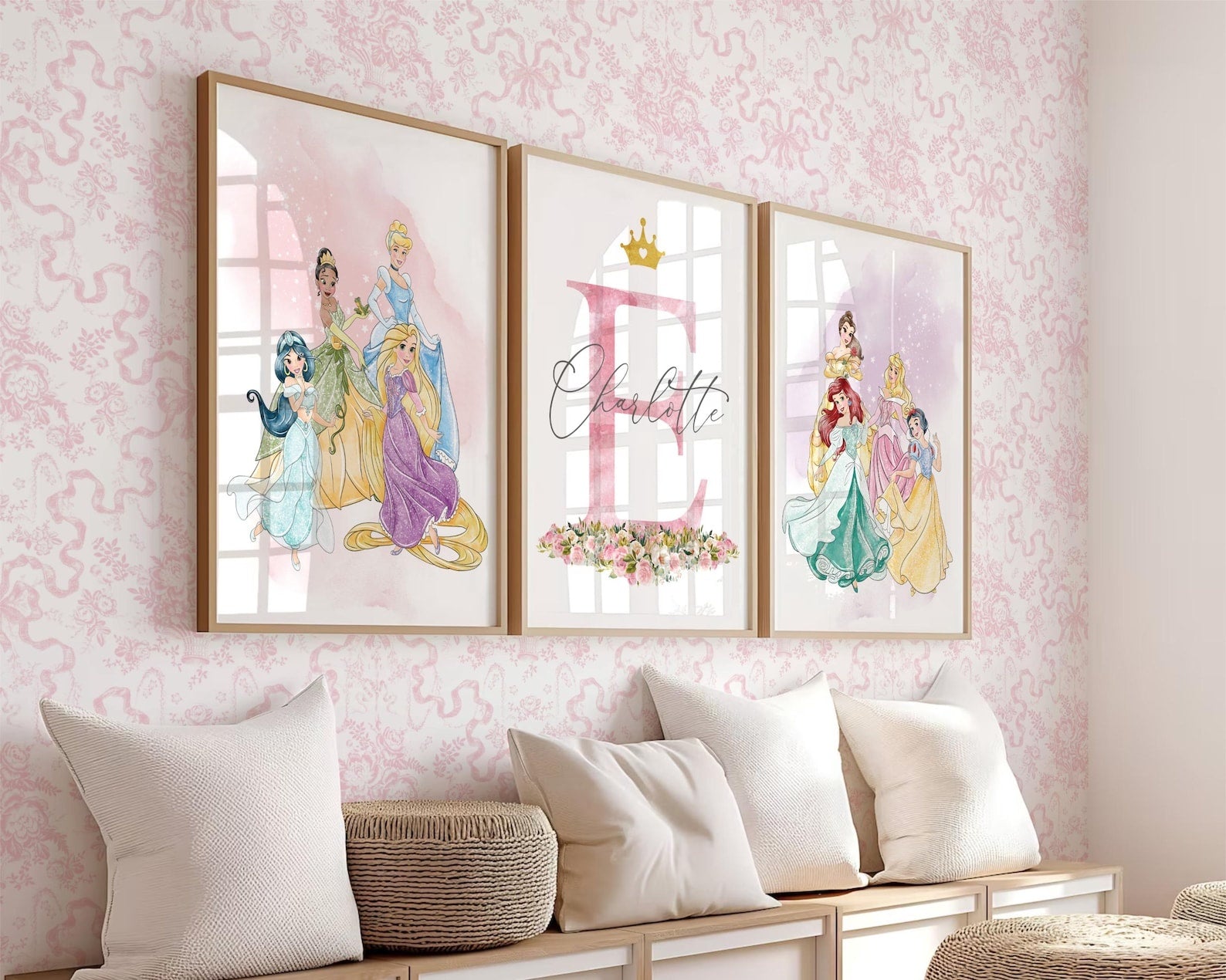 Cuadros Decorativos infantiles Modernos de princesas  con nombre personalizadas acuarela