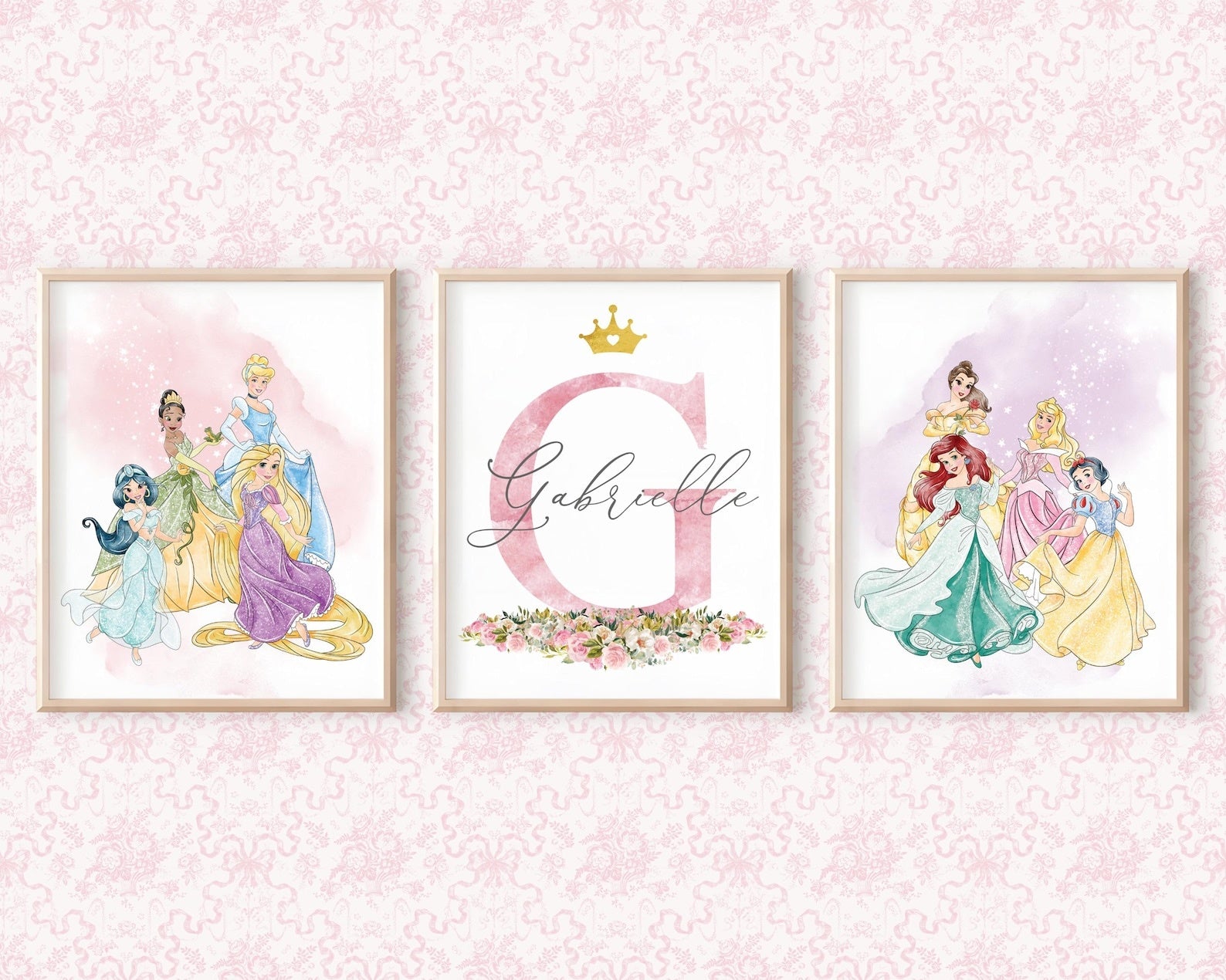 Cuadros Decorativos infantiles Modernos de princesas  con nombre personalizadas acuarela