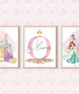 Cuadros Decorativos infantiles Modernos de princesas  con nombre personalizadas acuarela