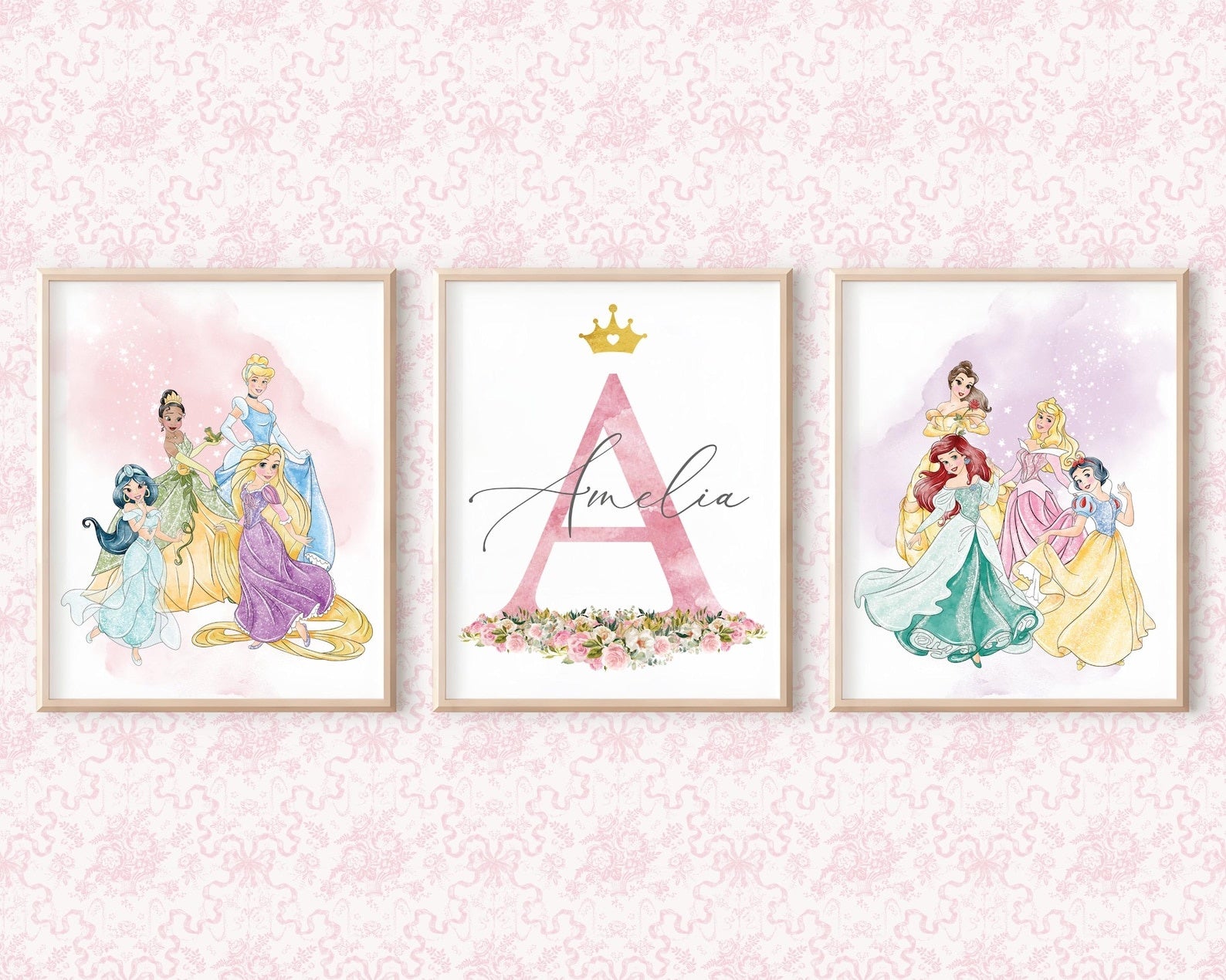 Cuadros Decorativos infantiles Modernos de princesas  con nombre personalizadas acuarela
