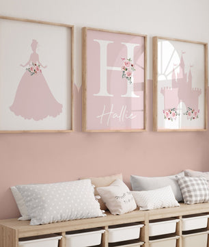 Cuadros Decorativos infantiles Modernos de princesas castillo e inicial silueta