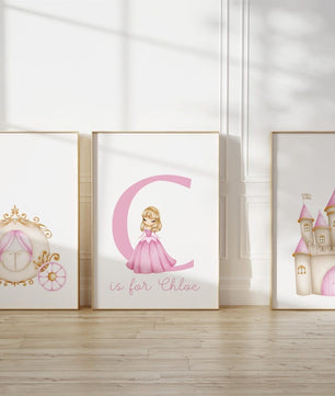 Cuadros Decorativos infantiles Modernos de princesas ilustracion castillo, carrueaje y nombre
