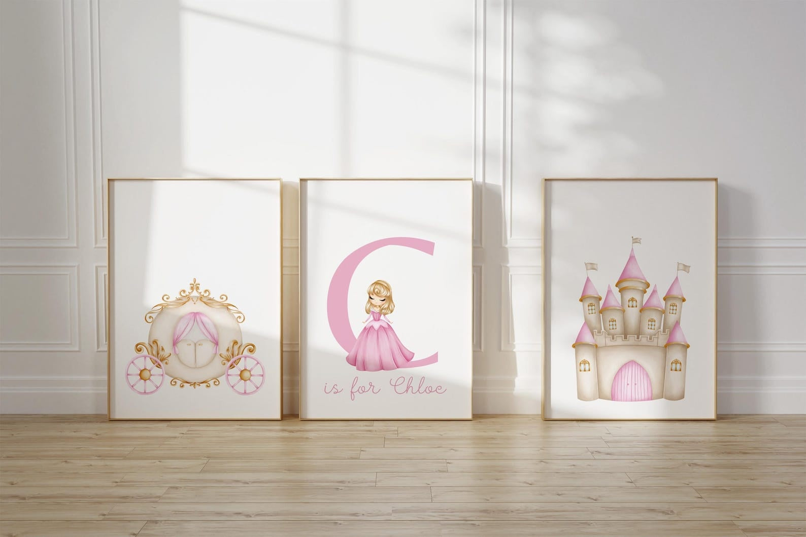 Cuadros Decorativos infantiles Modernos de princesas ilustracion castillo, carrueaje y nombre