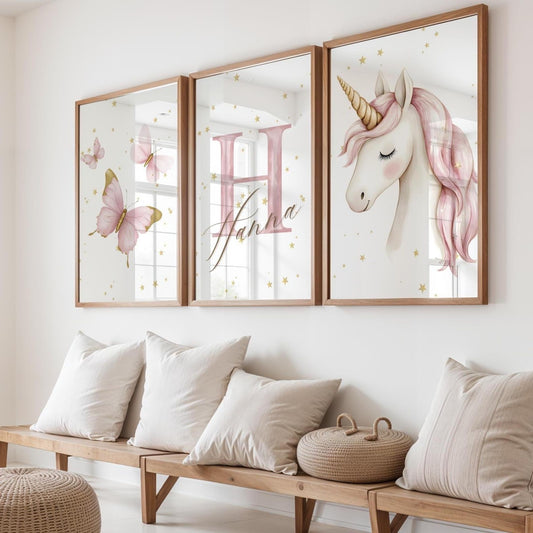 Cuadros Decorativos infantiles Modernos de princesas unicornio, mariposas con nombre