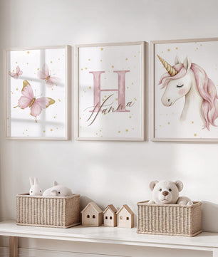 Cuadros Decorativos infantiles Modernos de princesas unicornio, mariposas con nombre