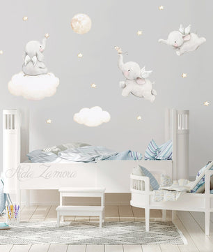 Vinilos decorativos Adhesivos infantiles de Pared Elefantes en nube con estrellas