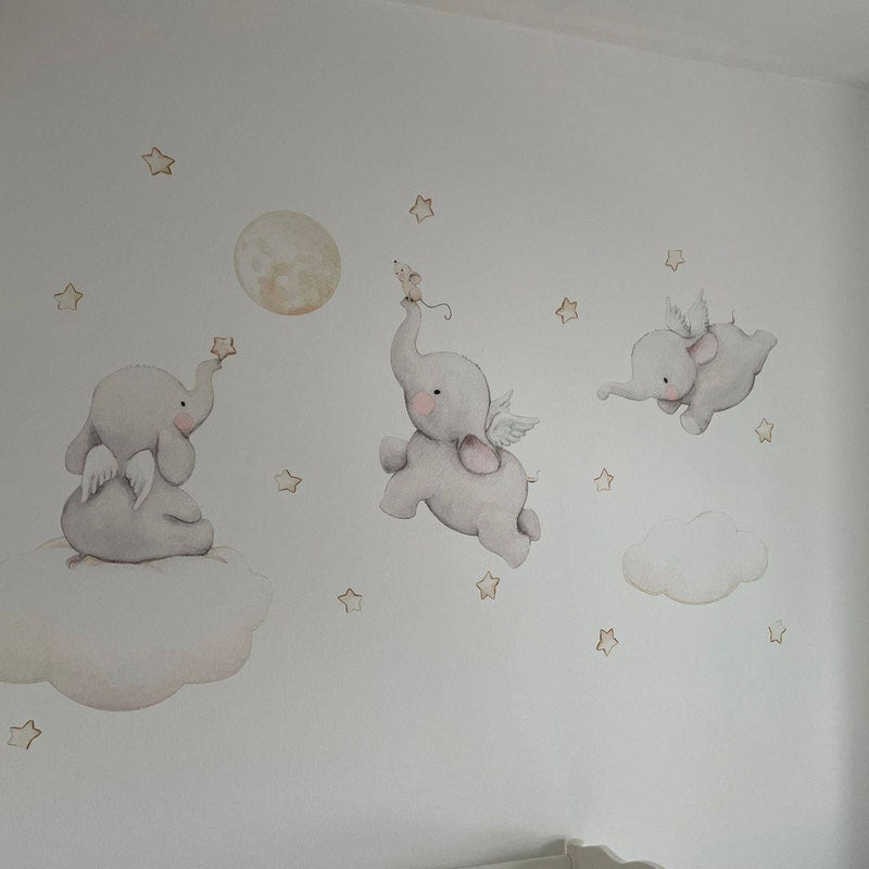 Vinilos decorativos Adhesivos infantiles de Pared Elefantes en nube con estrellas