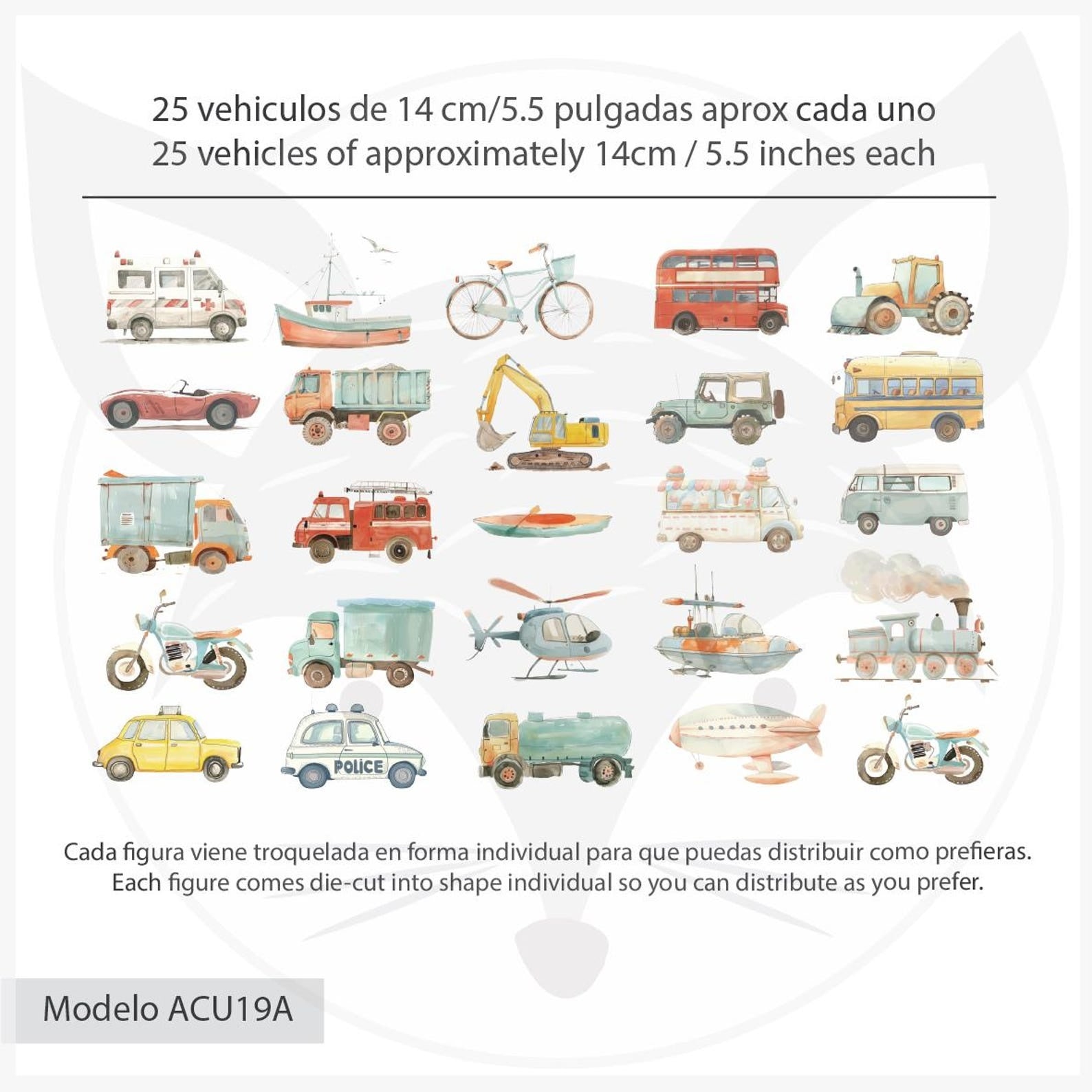 Vinilos decorativos Adhesivos infantiles de Pared Carro vehiculos variados acuarela