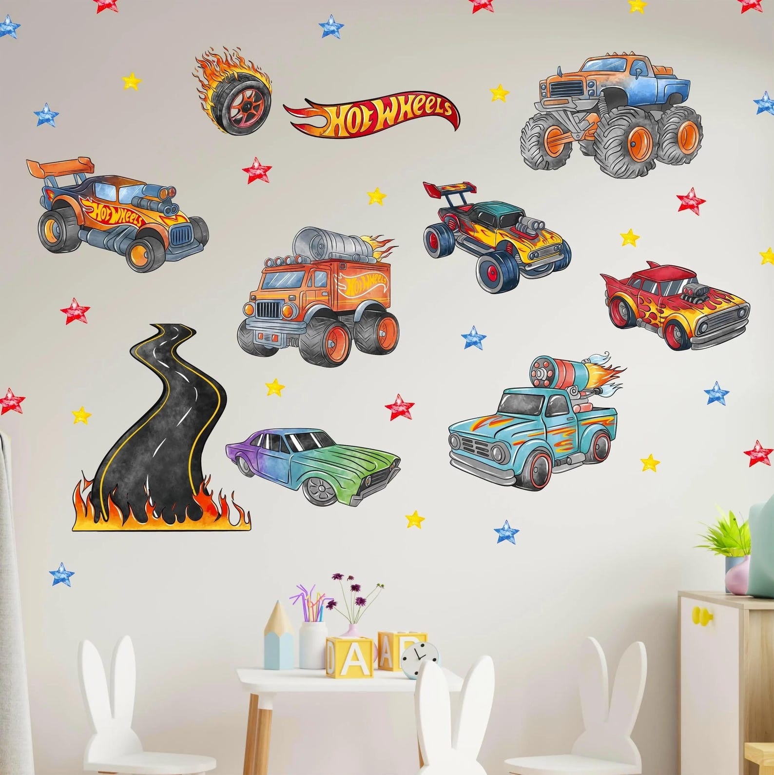 Vinilos decorativos Adhesivos infantiles de Pared Carro hot weels acuarela