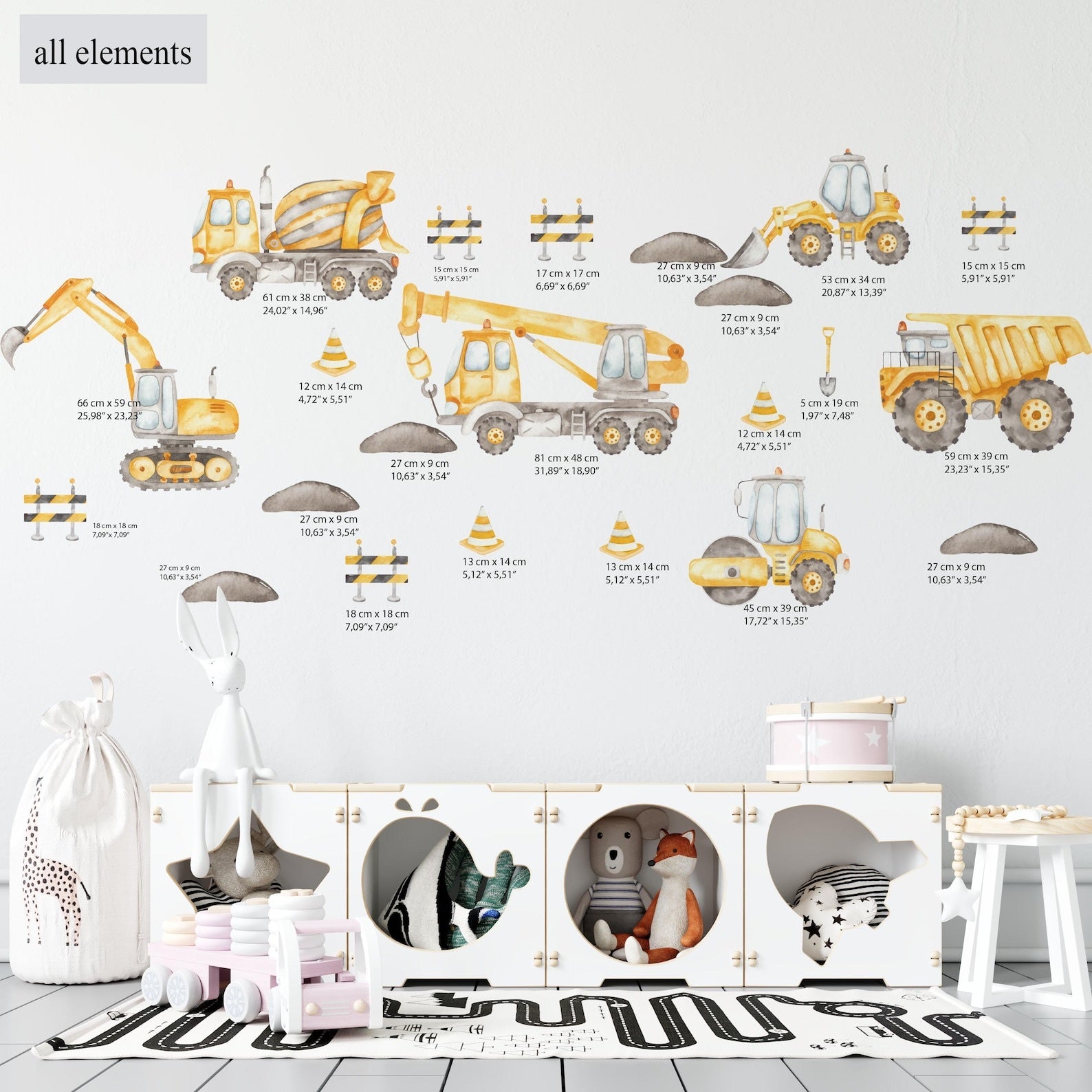 Vinilos decorativos Adhesivos infantiles de Pared Carro camiones de construccion