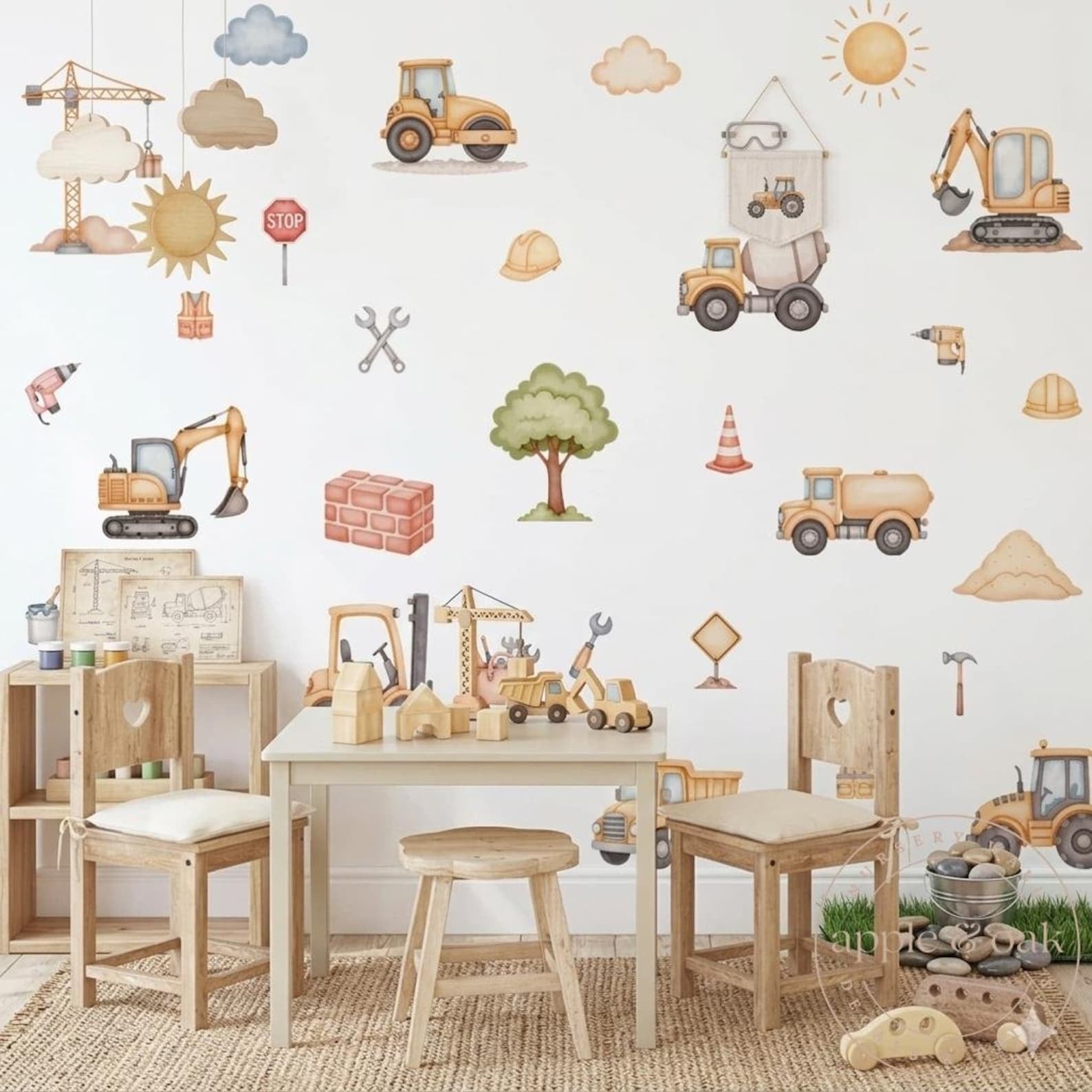 Vinilos decorativos Adhesivos infantiles de Pared Carro camiones de construccion acuarela