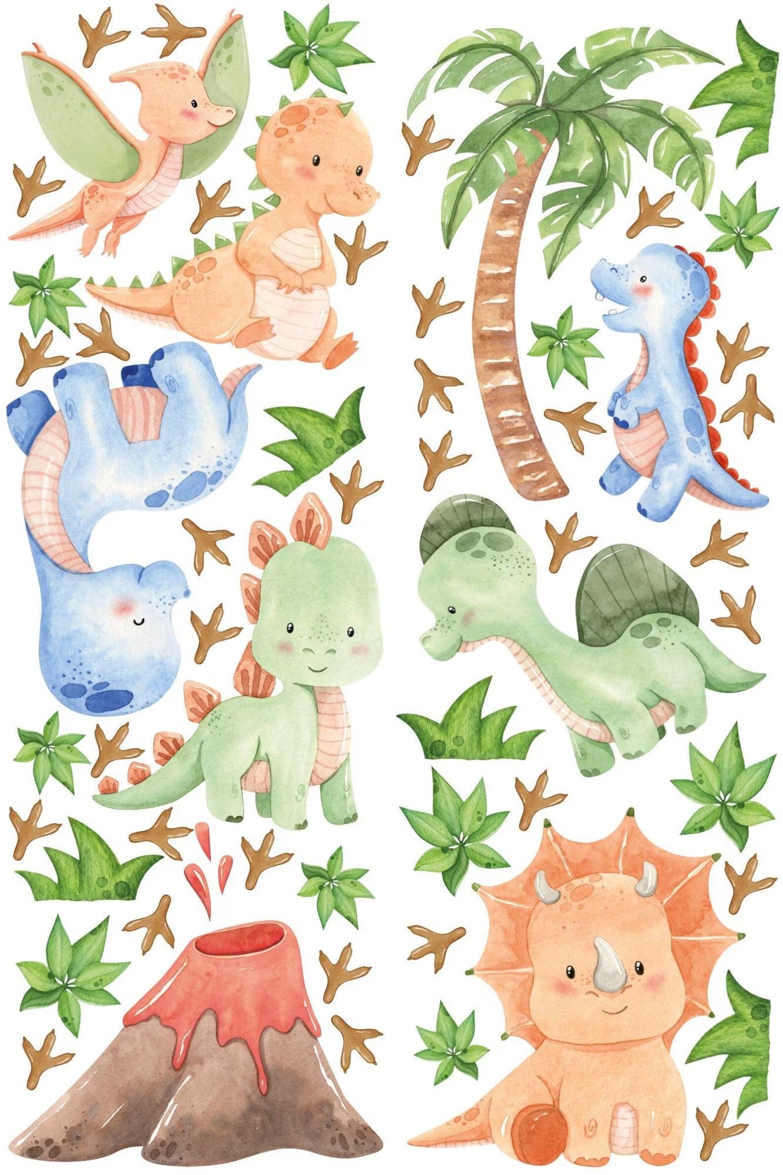 Vinilos decorativos Adhesivos infantiles de pared de dinosaurios Acuarela colorido