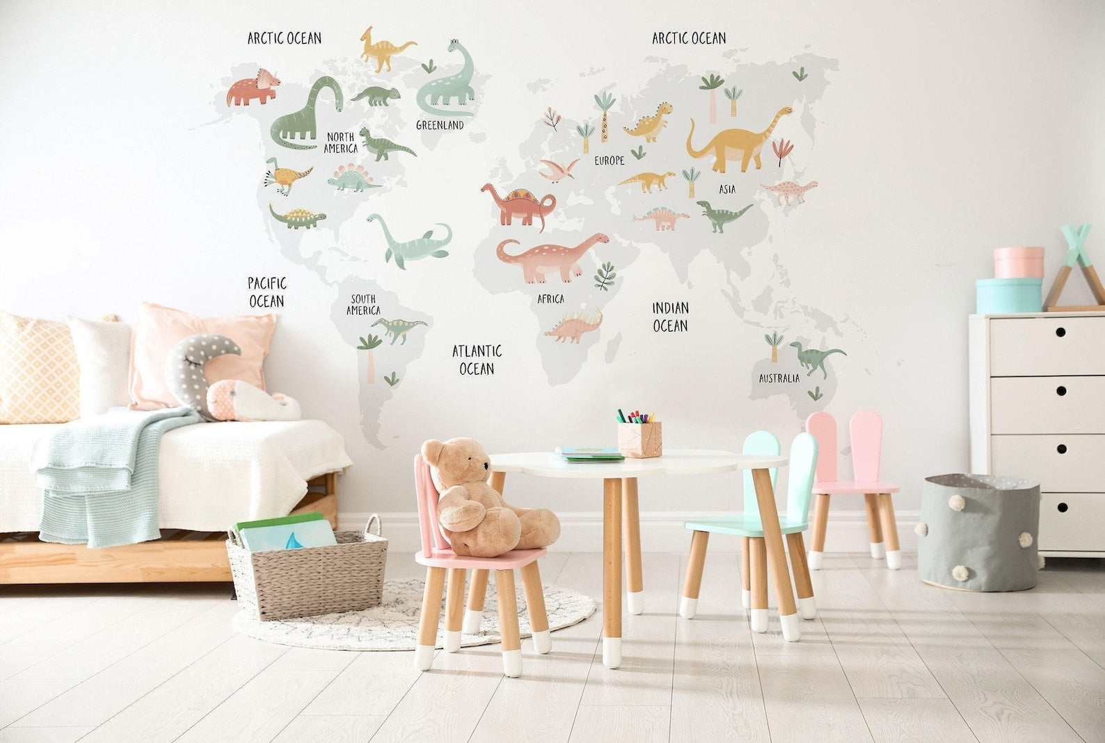 Vinilos decorativos Adhesivos infantiles de pared de dinosaurios mapa mundi jurásico