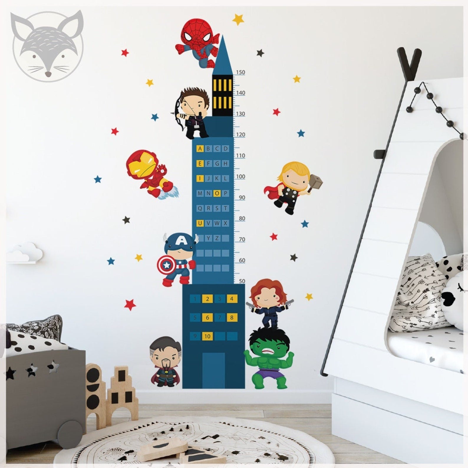 Medidor de altura infantil de superheroes niño vicales y numeros