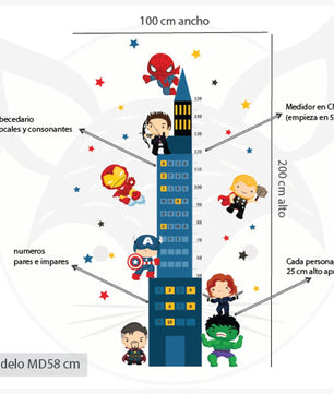 Medidor de altura infantil de superheroes niño vicales y numeros