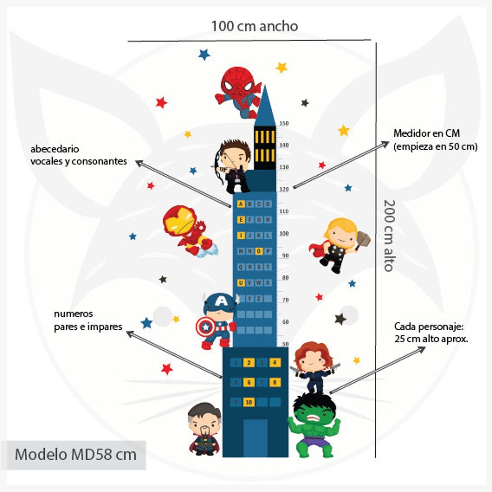 Medidor de altura infantil de superheroes niño vicales y numeros
