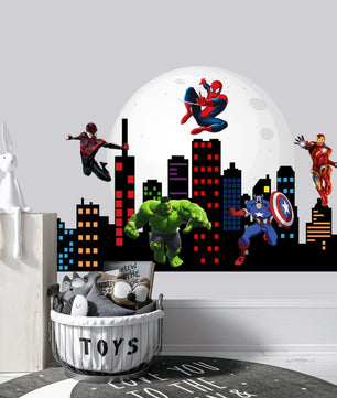 Vinilos decorativos Adhesivos infantiles de pared superheroes ciudad nocturna