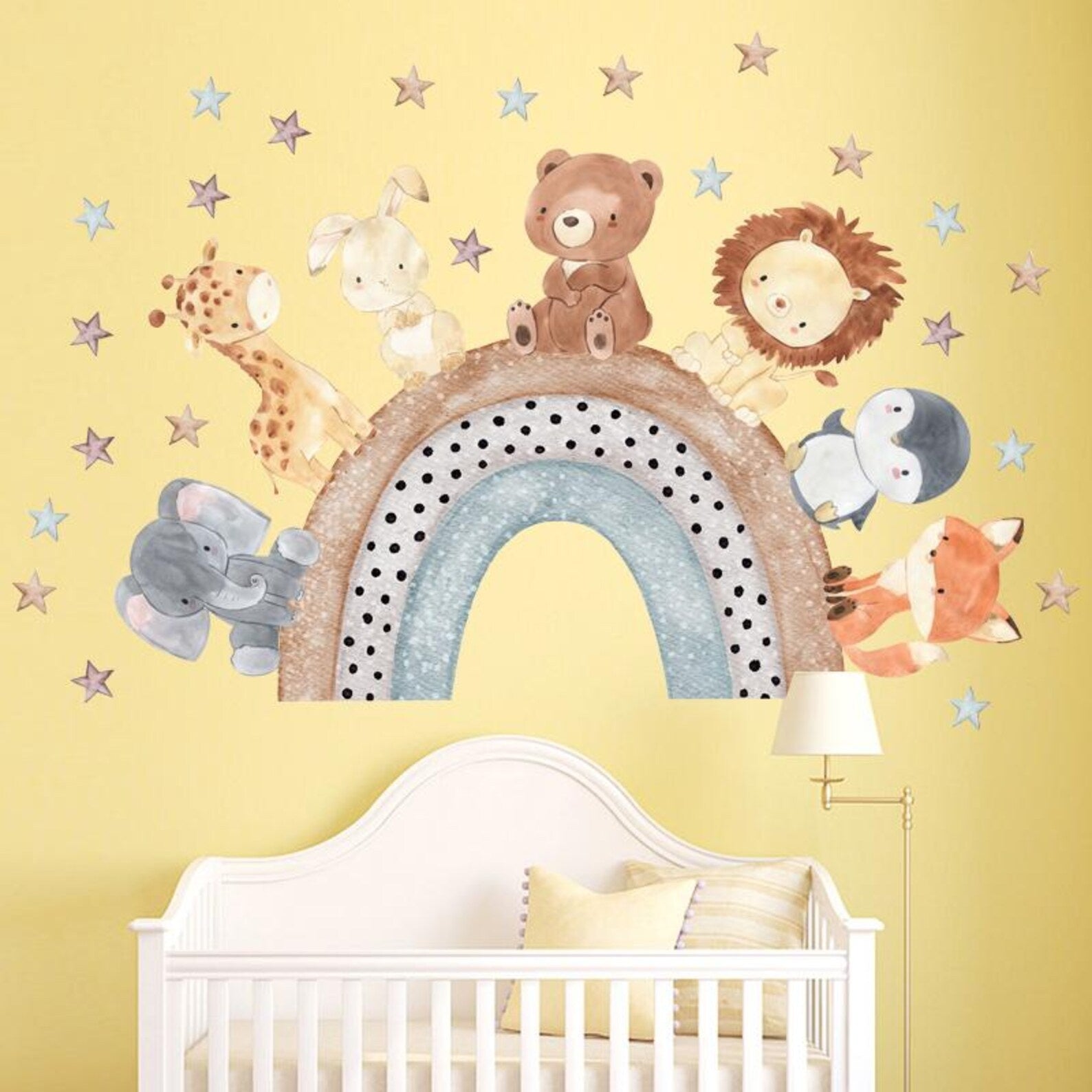 Vinilos decorativos Adhesivos infantiles de Pared arcoiris con animales acuarela