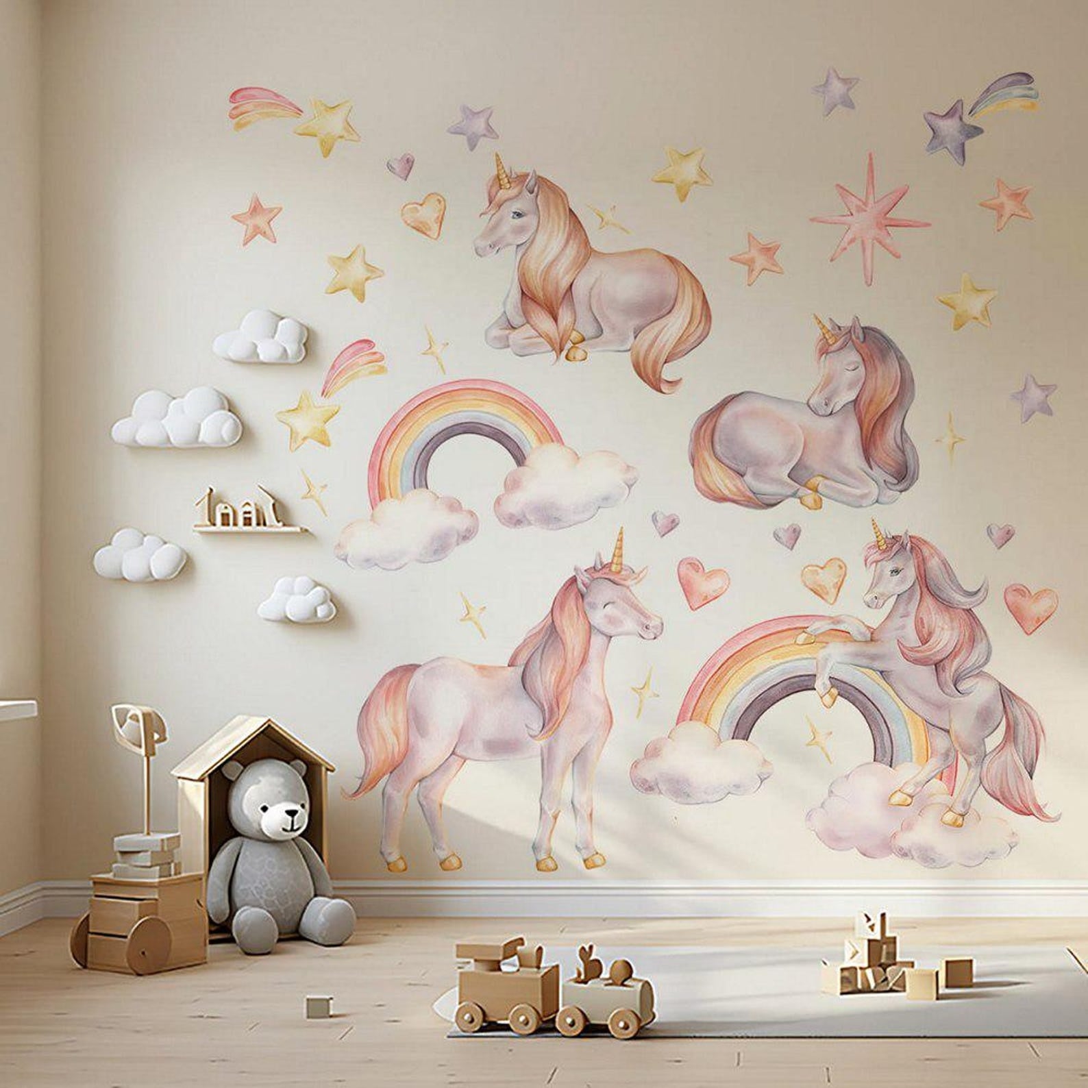 Vinilos decorativos Adhesivos infantiles de Pared arcoiris con unicornios rosados