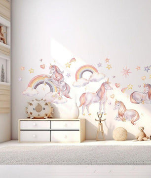 Vinilos decorativos Adhesivos infantiles de Pared arcoiris con unicornios rosados