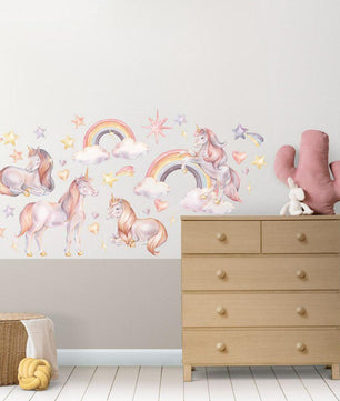 Vinilos decorativos Adhesivos infantiles de Pared arcoiris con unicornios rosados