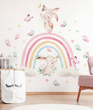 Vinilos decorativos Adhesivos infantiles de Pared arcoiris con conejos y mariposas