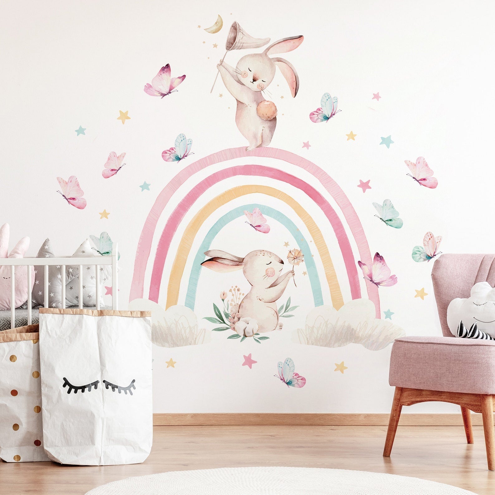 Vinilos decorativos Adhesivos infantiles de Pared arcoiris con conejos y mariposas