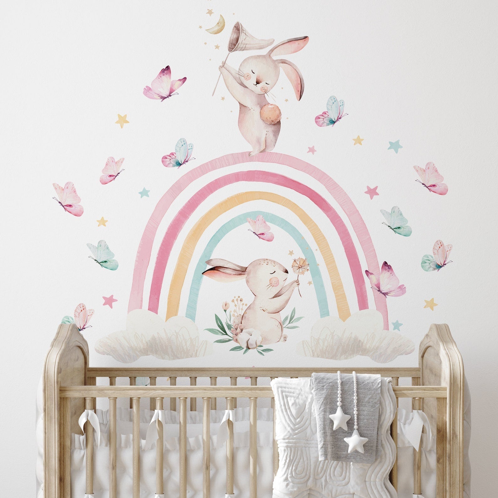 Vinilos decorativos Adhesivos infantiles de Pared arcoiris con conejos y mariposas
