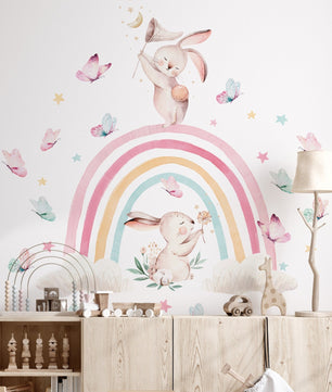 Vinilos decorativos Adhesivos infantiles de Pared arcoiris con conejos y mariposas