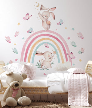 Vinilos decorativos Adhesivos infantiles de Pared arcoiris con conejos y mariposas