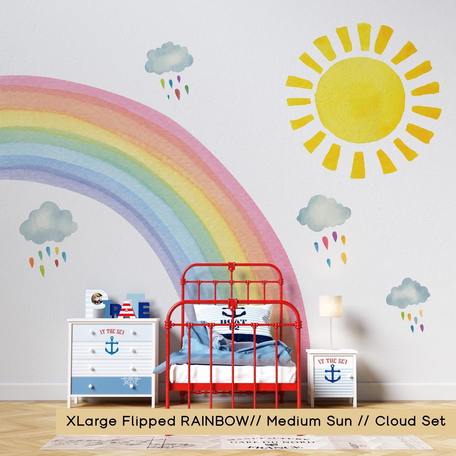 Vinilos decorativos Adhesivos infantiles de Pared arcoiris con sol y nubes