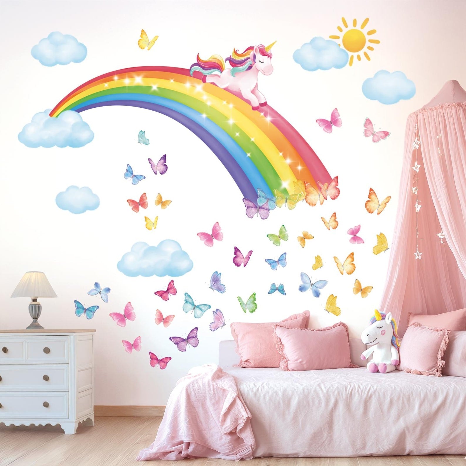 Vinilos decorativos Adhesivos infantiles de Pared arcoiris con mariposas y unicornio
