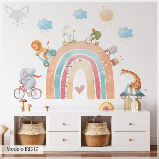 Vinilos decorativos Adhesivos infantiles de Pared arcoiris animales en bici