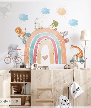Vinilos decorativos Adhesivos infantiles de Pared arcoiris animales en bici