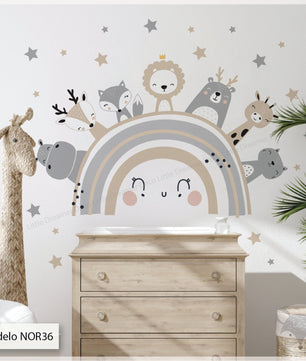 Vinilos decorativos Adhesivos infantiles de Pared arcoiris beige con animales