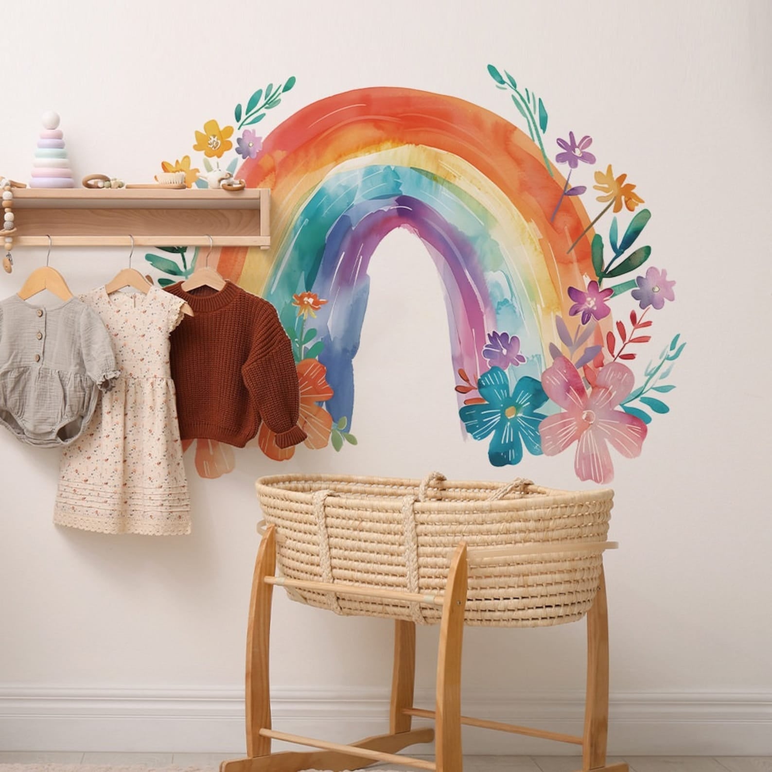Vinilos decorativos Adhesivos infantiles de Pared arcoiris con flores de acuarela